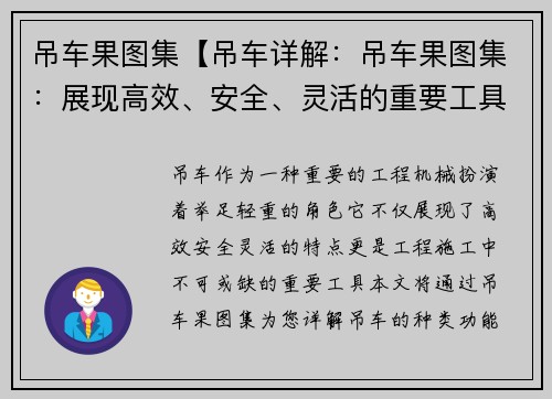 吊车果图集【吊车详解：吊车果图集：展现高效、安全、灵活的重要工具】